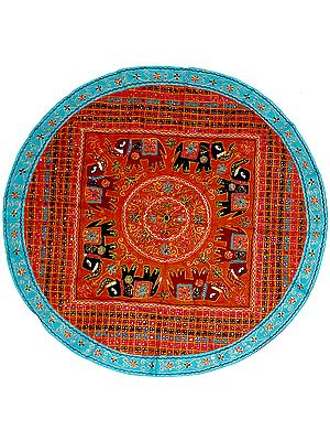 Light-Brown Round Table Cover from Barmer with Embroidery and Mirrors