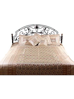 Ivory Seven Piece Pure Silk Banarasi Bedcover with Meenakari Flowers Woven by Hand