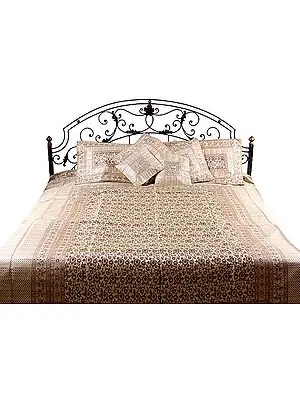 Ivory Seven Piece Pure Silk Banarasi Bedcover with Meenakari Flowers Woven by Hand
