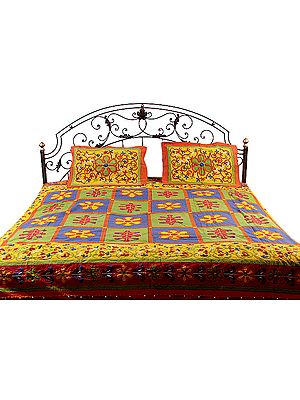 Floral-Printed Kantha Stitch Bedspread with Hanging Bells