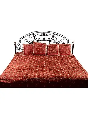 Red Brocaded Banarasi Bedcover with All-Over Embroidered Paisleys