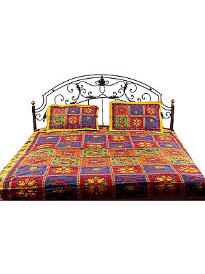 Multi-Color Block Printed Kantha Stitch Bedspread from Sanganer