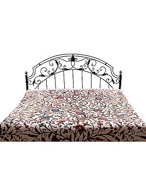 Ivory Kashmiri Bedcover with Dense Ari Embroidery by Hand