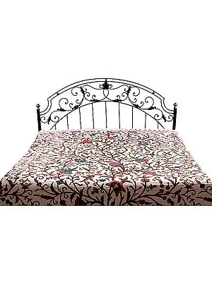 Ivory Kashmiri Bedcover with Dense Ari Embroidery by Hand