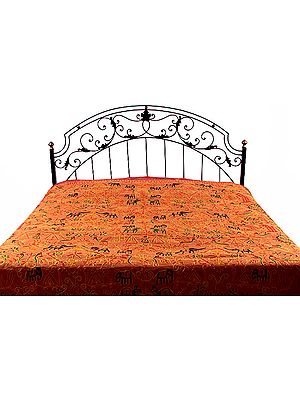 Taupe Gujarati Bedspread with All-Over Embroidered Wildlife