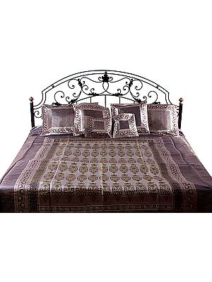 Gray and Blue Seven Piece Pure Silk Banarasi Bedcover with Meenakari Flower Pots Woven by Hand