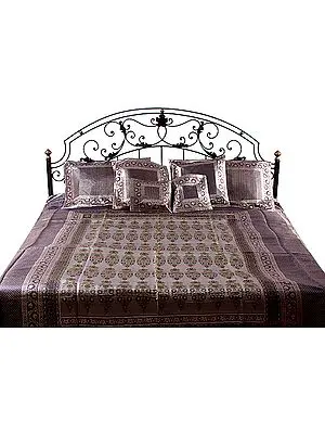 Gray and Blue Seven Piece Pure Silk Banarasi Bedcover with Meenakari Flower Pots Woven by Hand