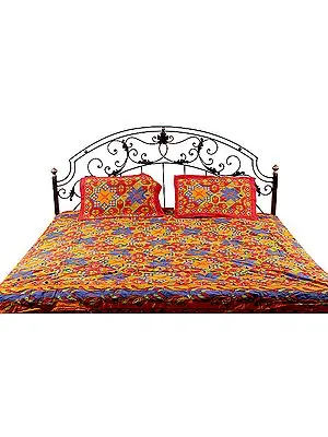 Multi-Color Block Printed Kantha Stitch Bedspread from Sanganer with Hanging Bells