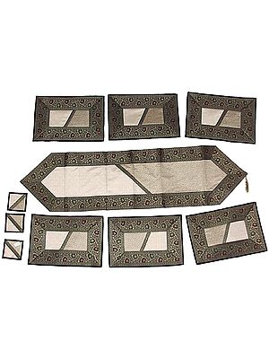 Ivory and Black Thirteen Piece Banarasi Dinner Set with Golden Thread Weave and Brocaded Border