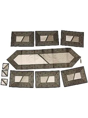 Ivory and Black Thirteen Piece Banarasi Dinner Set with Golden Thread Weave and Brocaded Border