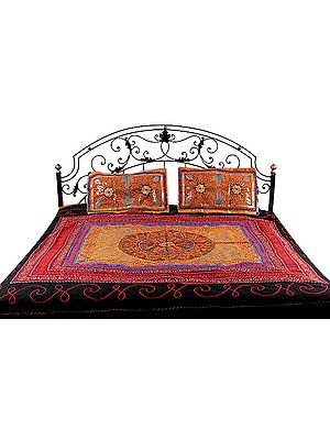 Multi-Color Gujarati Bedspread with All-Over Embroidery and Sequins