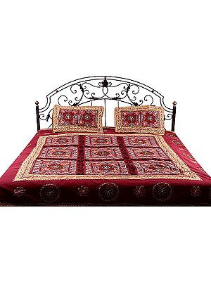 Cordovan Gujarati Bedspread with Hand-Embroidery All-Over