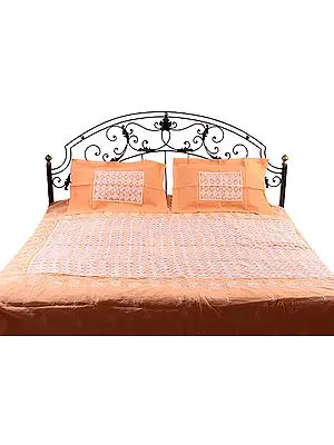 Orange and Ivory Cutwork Bedspread with Lukhnavi Chikan Embroidery