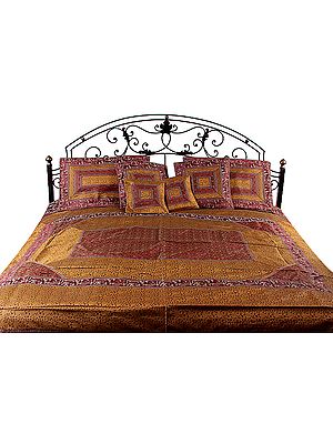 Mustard and Red Seven-Piece Banarasi Bedcover with Brocade Weave with Woven Elephants and Peacocks