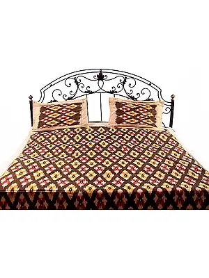 Tri-Color Bedspread with Ikat Weave Hand-Woven in Pochampally