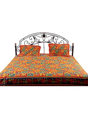 Floral Printed Kantha Stitch Bedspread from Sanganer