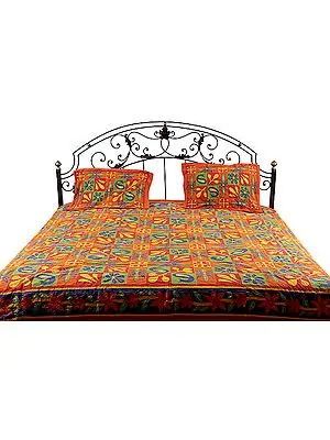 Floral Printed Kantha Stitch Bedspread from Sanganer