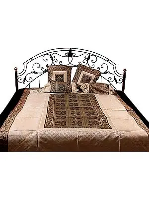 Ivory and Brown Five-Piece Single-Bed Banarasi Bedcover with Woven Flower Pots and Elephants