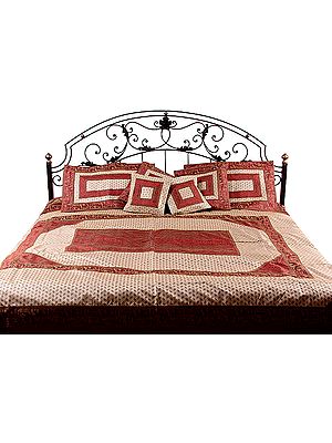 Burgundy and Ivory Seven-Piece Banarasi Bedcover with Brocade Weave with Woven Elephants and Peacocks
