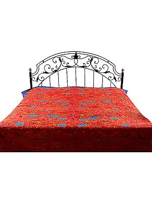 Red Gujarati Bedspread with All-Over Embroidered Wildlife
