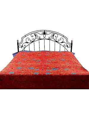 Red Gujarati Bedspread with All-Over Embroidered Wildlife