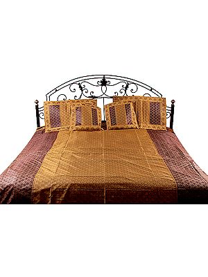 Mustard and Cordovan Tanchoi Bedcover from Banaras with All-Over Weave