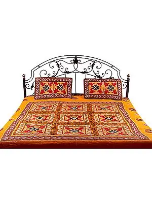 Orange Gujarati Bedspread with Hand-Embroidery All-Over