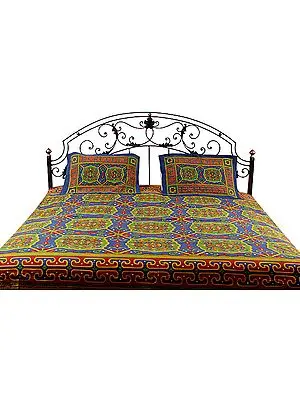 Blue and Green Kantha Stitch Bedspread