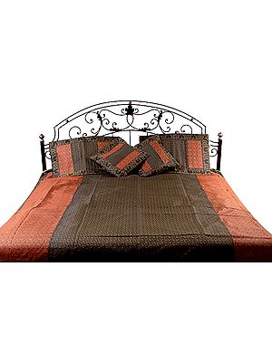 Black and Rust Tanchoi Bedcover from Banaras with All-Over Weave