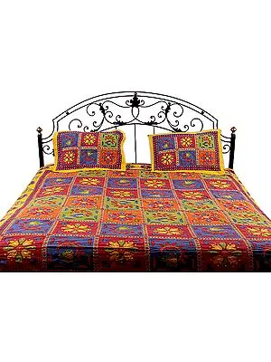 Multi-Color Block Printed Kantha Stitch Bedspread from Sanganer