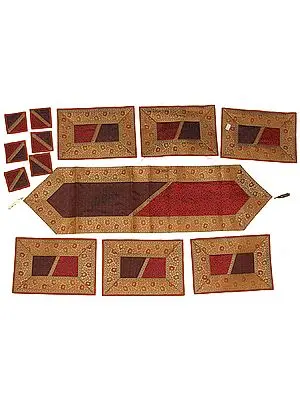 Tri-Color Thirteen Piece Banarasi Dinner Set with Golden Thread Weave and Brocaded Border