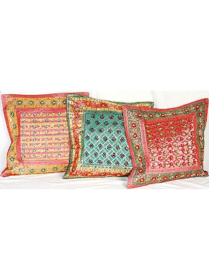 Lot of Three Brocaded Cushion Covers with Hand-Embroidered Beads