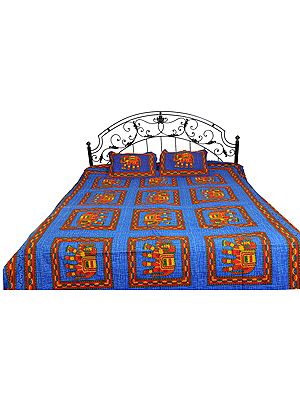 Bijou-Blue Sanganeri Bedspread with Printed Elephants and Kantha Stitch