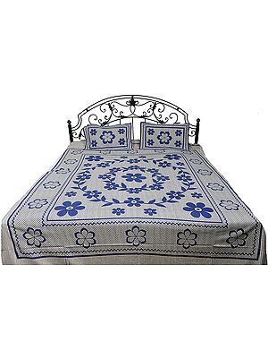 Bijou-Blue Striped Bedspread from Pilkhuwa with Printed Flowers