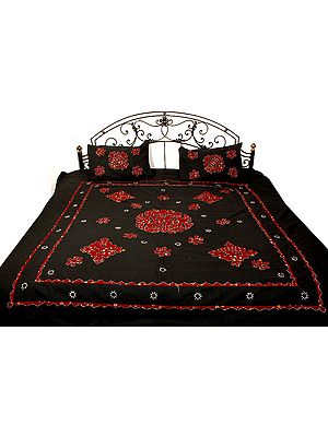 Black and Maroon Bedspread with Appliqué Work