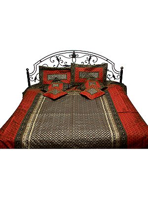 Black and Red Banarasi Bedspread with All-Over Brocaded Flowers