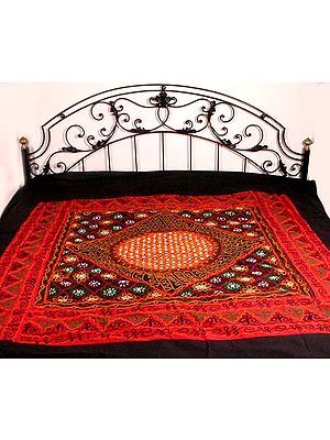 Black and Red Gujarati Bedcover with Mirror Work and Embroidery
