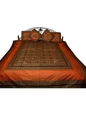Black and Rust Seven-Piece Banarasi Bedcover with Woven Peacocks