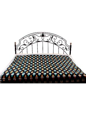 Black Bedspread with Ikat Weave Hand-Woven in Pochampally