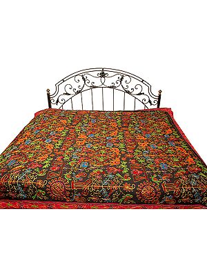 Black Gujarati Bedspread with All-Over Thread Work