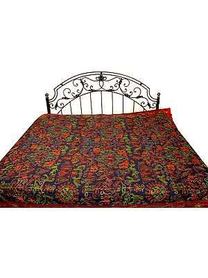 Charcoal-Black Gujarati Bedspread with All-Over Thread Work