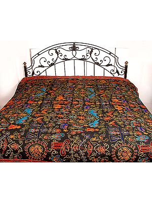 Black Gujarati Bedspread with All-Over Thread Work