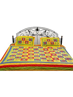 Block-Printed Tri-Color Kantha Stitch Bedspread