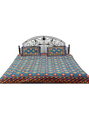 Blue and Green Block Printed Bedspread with Kantha Stitch Embroidery