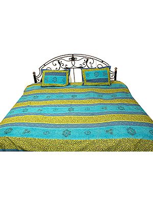 Blue and Green Printed Bedspread with Kantha Stitch Embroidery