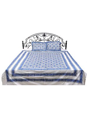 Blue and White Bedspread from Pilkhuwa with Block-Printed Elephants