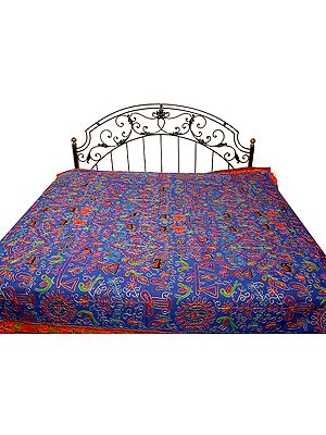 Blue Gujarati Bedspread with All-Over Thread Work