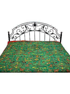 Bottle-Green Gujrati Bedspread with Metallic Thread Embroidery All-Over