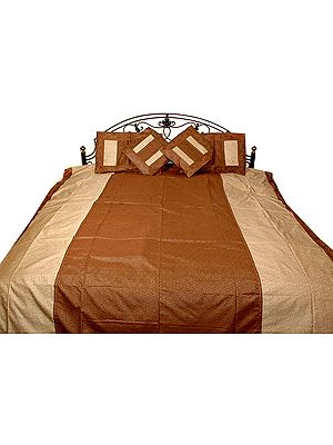 Brown and Ivory Tanchoi Bedcover from Banaras with All-Over Weave