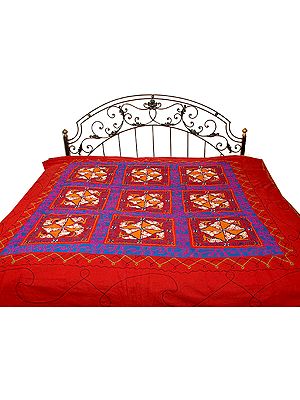 Brown and Purple Gujarati Bedspread with Hand-Embroidery All-Over